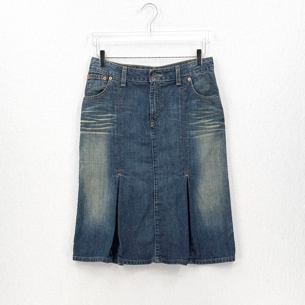 LEVIS Vintage Y2K Denim Skirt Women 28 Blue Pleated Midi Distressed USA Made - Picture 2 of 14